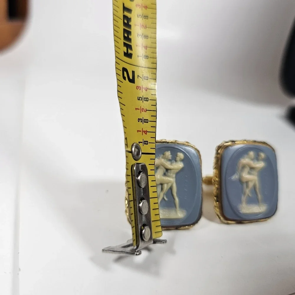 Vtg Cufflinks Blue Jasperware Cameo Suit Business Gold Tone